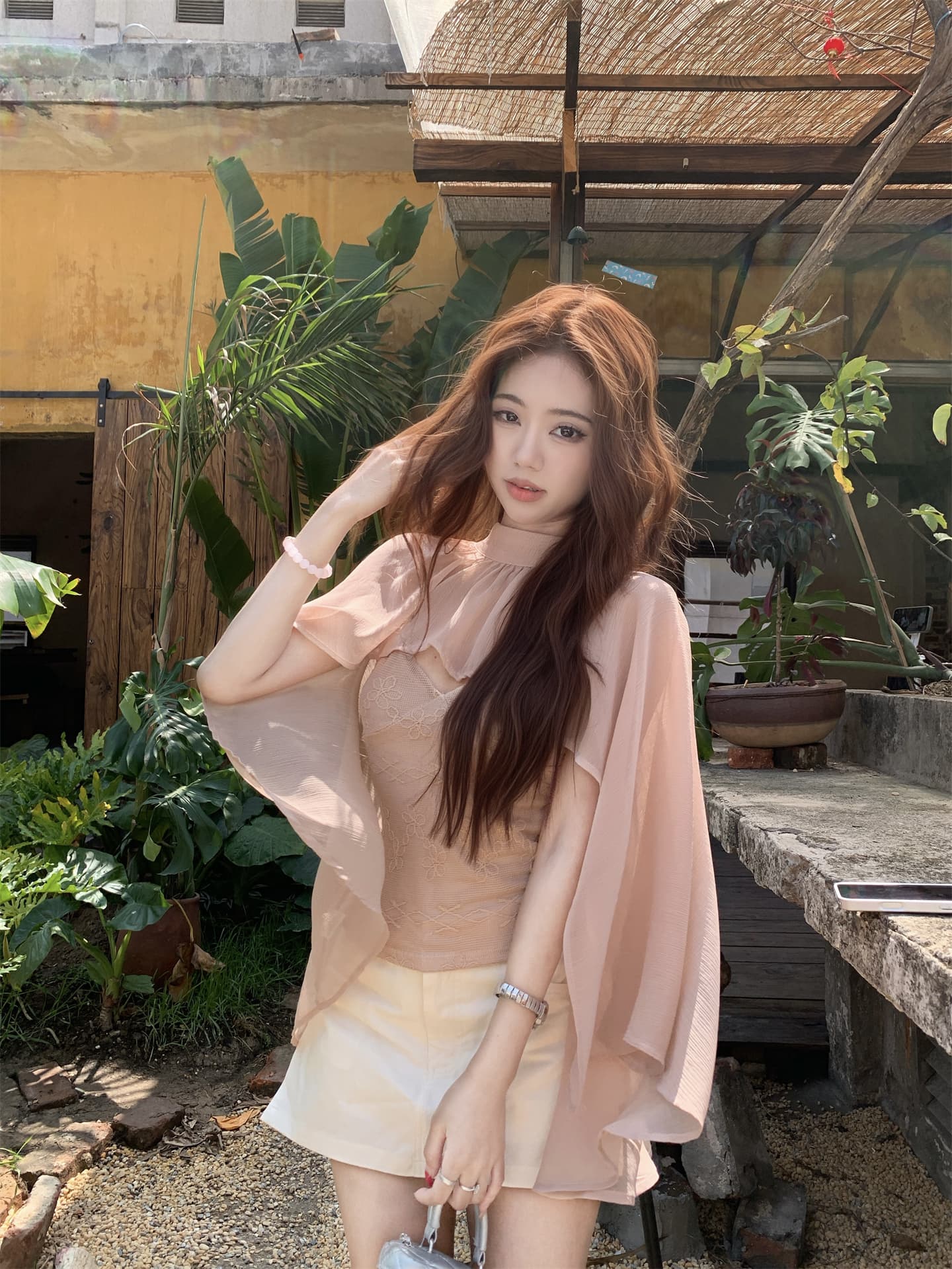실사 한 부서 ins 바람 쉬폰 작은 숄 레이스 슬립 투피스 세트 상세 이미지 18