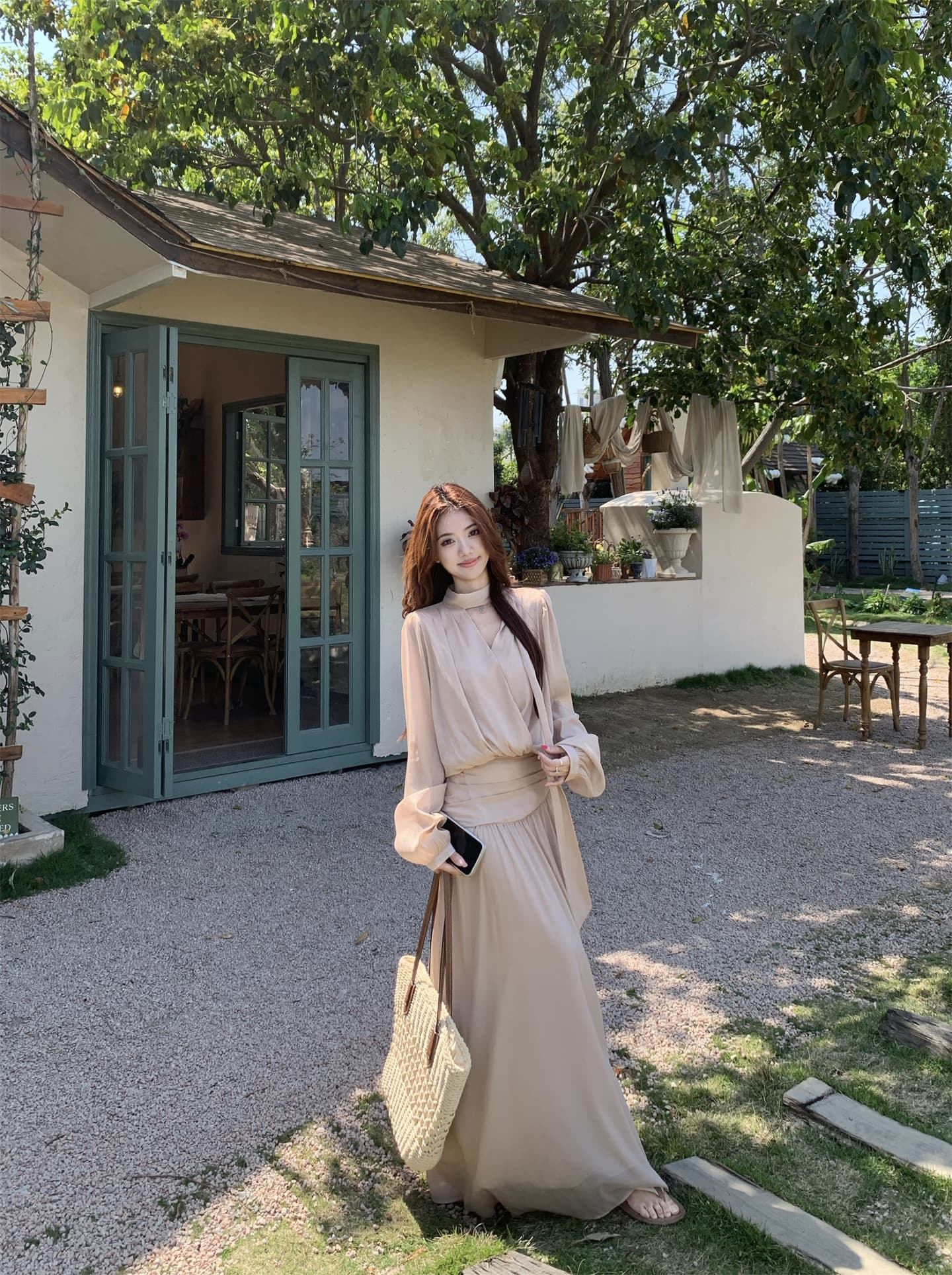 실사 프랑스식 V넥 리본 쉬폰 작은 셔츠 슬림해 보이는 주름 치마 반신 스커트 투피스 세트 이미지 2