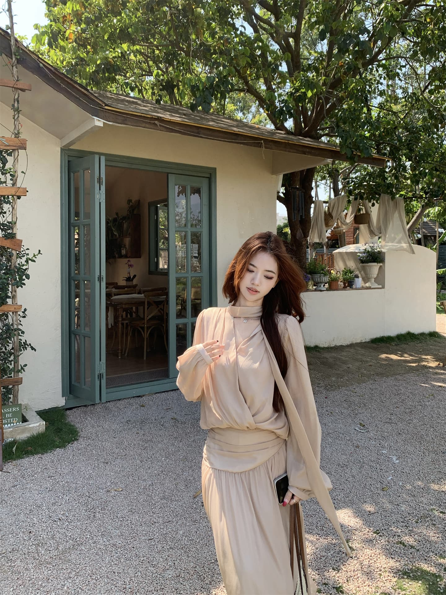 실사 프랑스식 V넥 리본 쉬폰 작은 셔츠 슬림해 보이는 주름 치마 반신 스커트 투피스 세트 상세 이미지 11