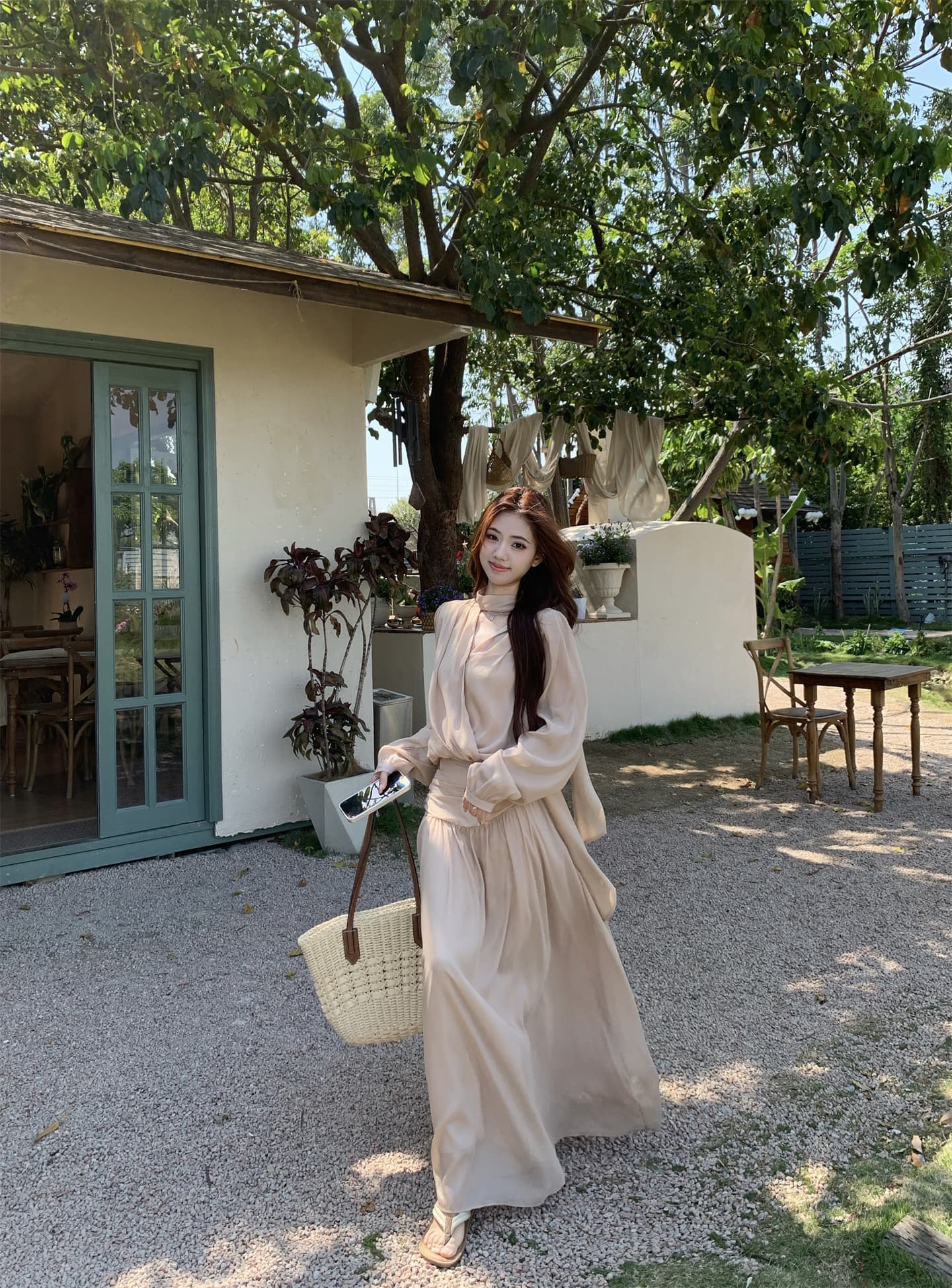 실사 프랑스식 V넥 리본 쉬폰 작은 셔츠 슬림해 보이는 주름 치마 반신 스커트 투피스 세트 상세 이미지 12