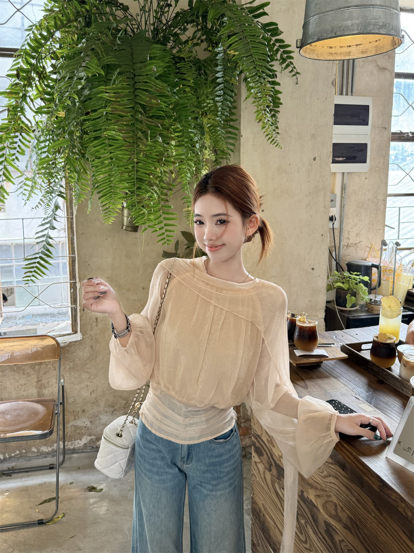 실사 프랑스식 느긋한 바람 라운드 넥 패치워크 리본 펌프 Pleat 품격 작은 셔츠 허리 수축 셔츠 이미지 3