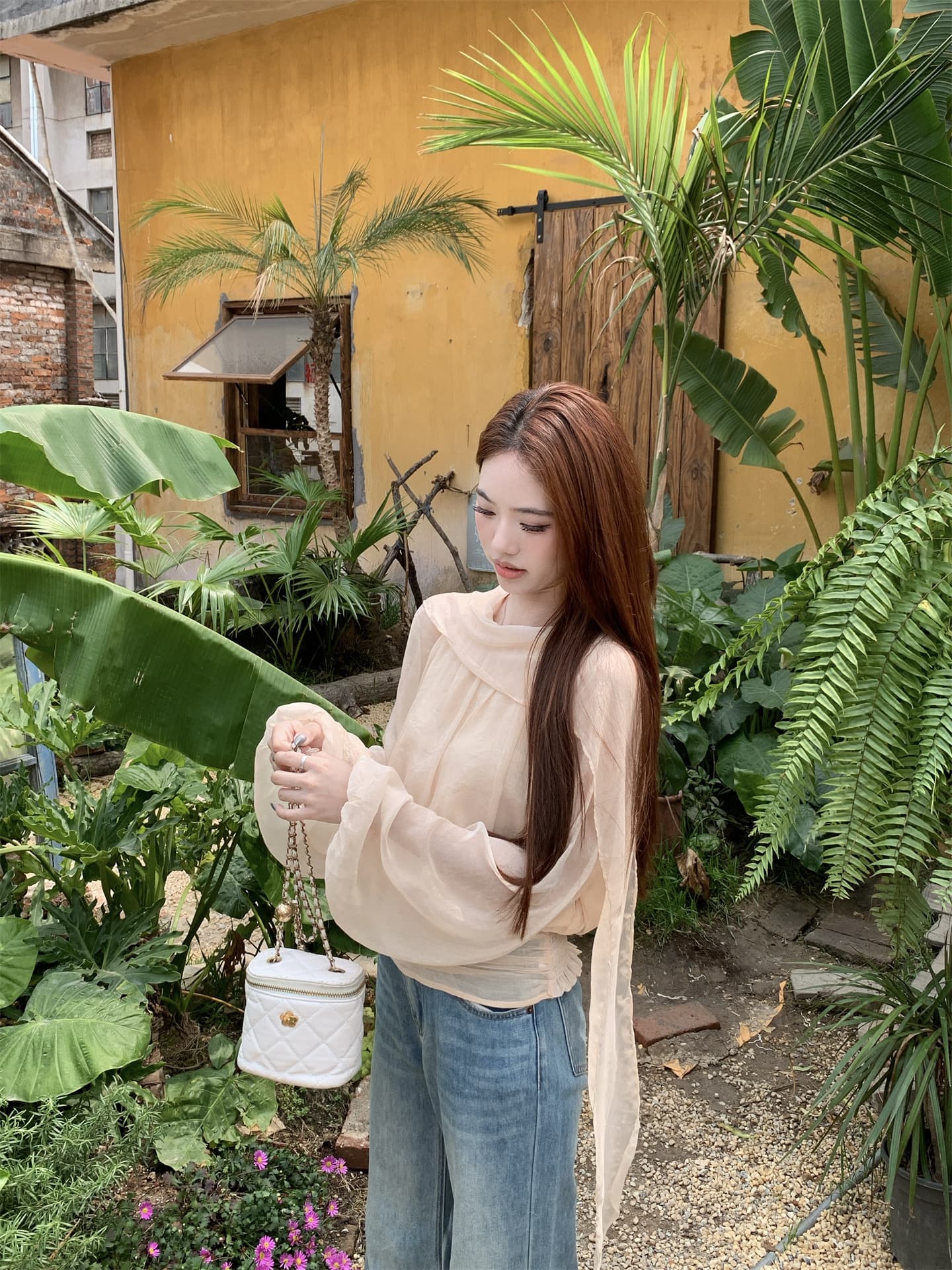실사 프랑스식 느긋한 바람 라운드 넥 패치워크 리본 펌프 Pleat 품격 작은 셔츠 허리 수축 셔츠 상세 이미지 10