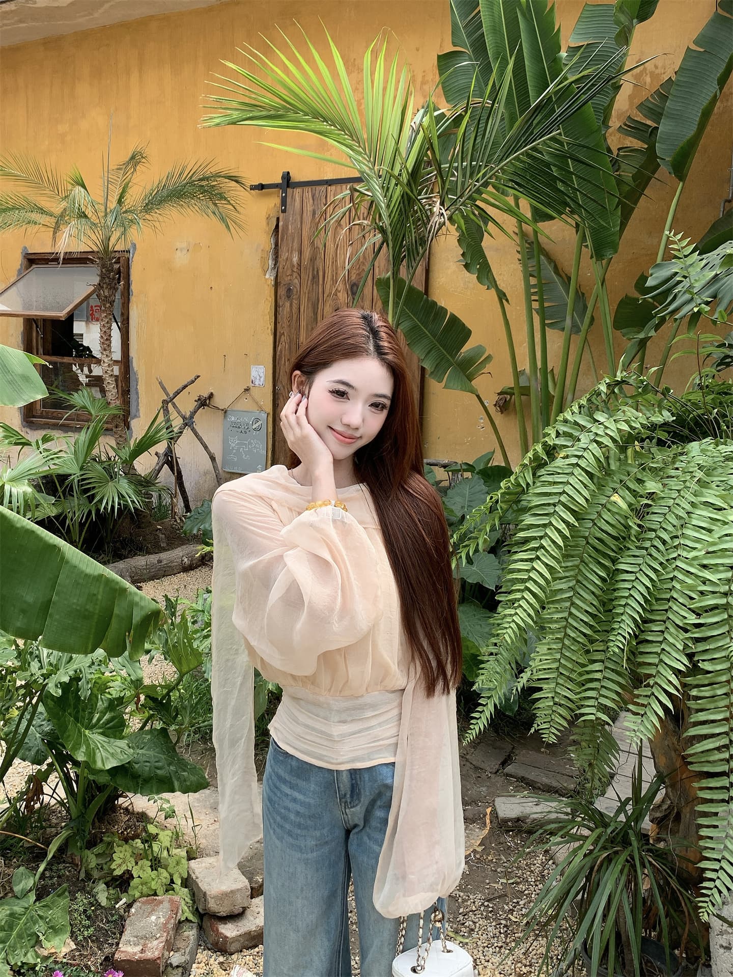 실사 프랑스식 느긋한 바람 라운드 넥 패치워크 리본 펌프 Pleat 품격 작은 셔츠 허리 수축 셔츠 상세 이미지 11