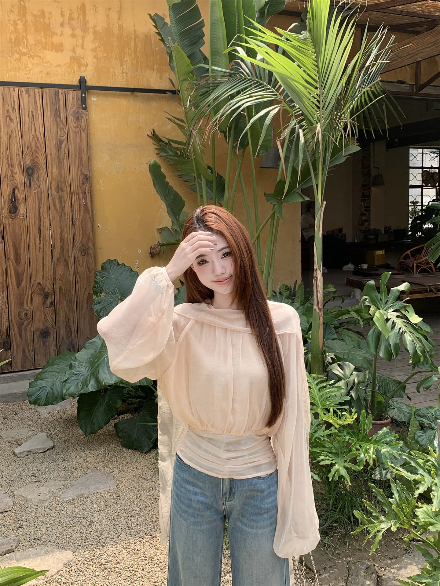 실사 프랑스식 느긋한 바람 라운드 넥 패치워크 리본 펌프 Pleat 품격 작은 셔츠 허리 수축 셔츠 상세 이미지 13