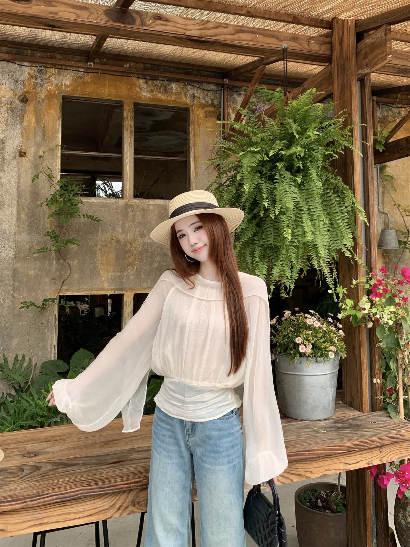 실사 프랑스식 느긋한 바람 라운드 넥 패치워크 리본 펌프 Pleat 품격 작은 셔츠 허리 수축 셔츠 상세 이미지 16