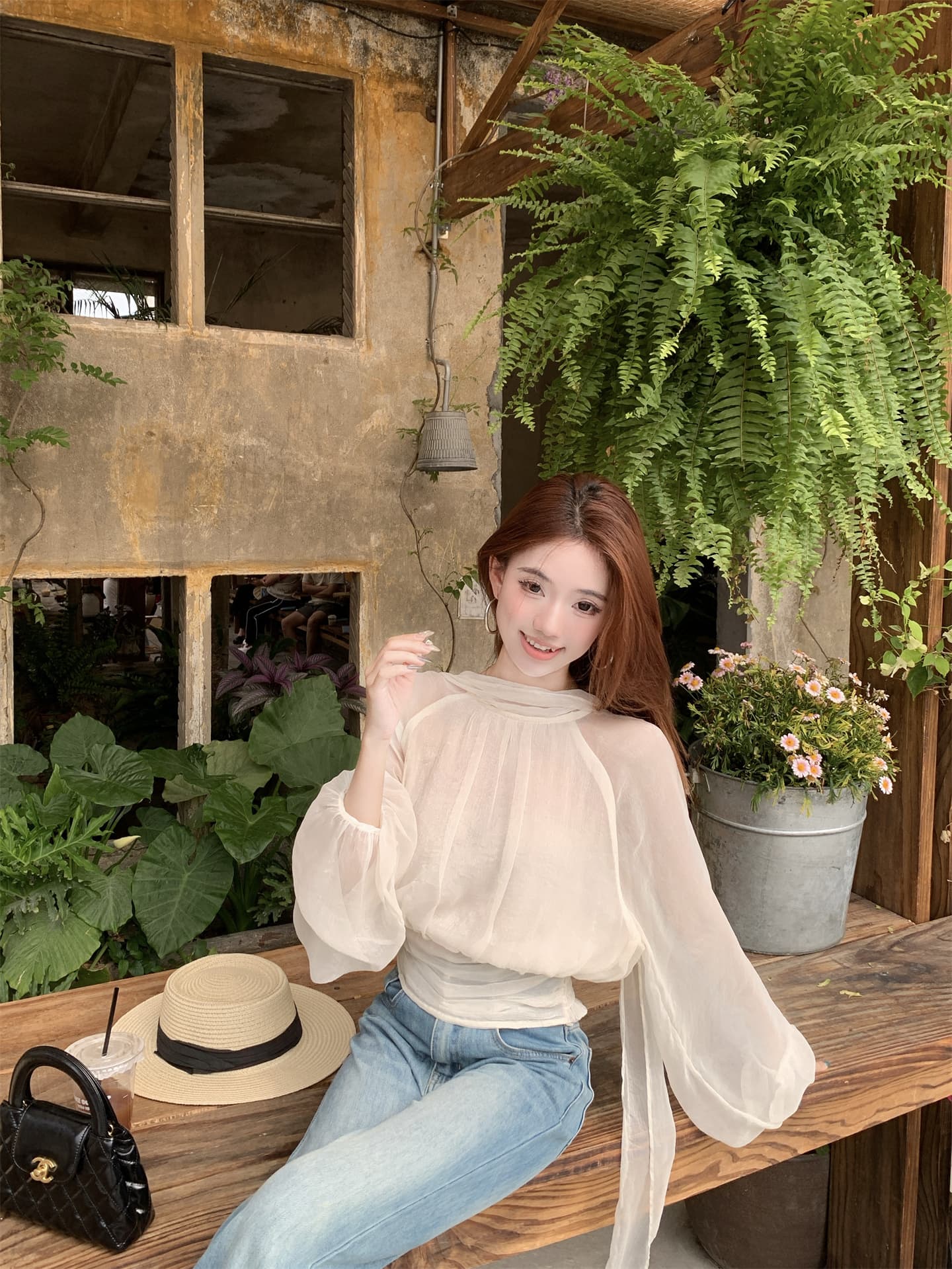 실사 프랑스식 느긋한 바람 라운드 넥 패치워크 리본 펌프 Pleat 품격 작은 셔츠 허리 수축 셔츠 상세 이미지 20
