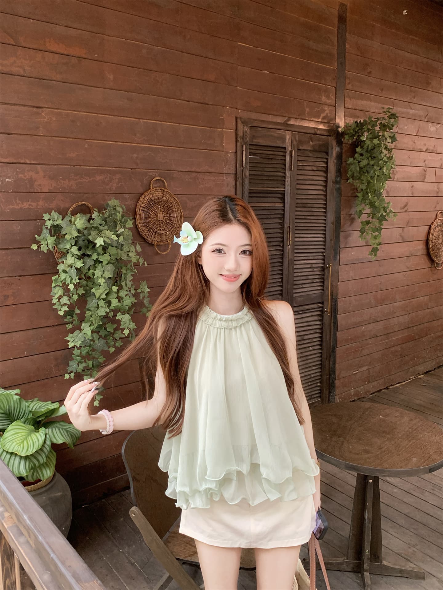 실사 달콤한 자매 3 차원 꽃 행침 목 조끼 여성 부드러운 바람 디자인 센스 슬림해 보이는 다용도 퍼프 민소매 맨위