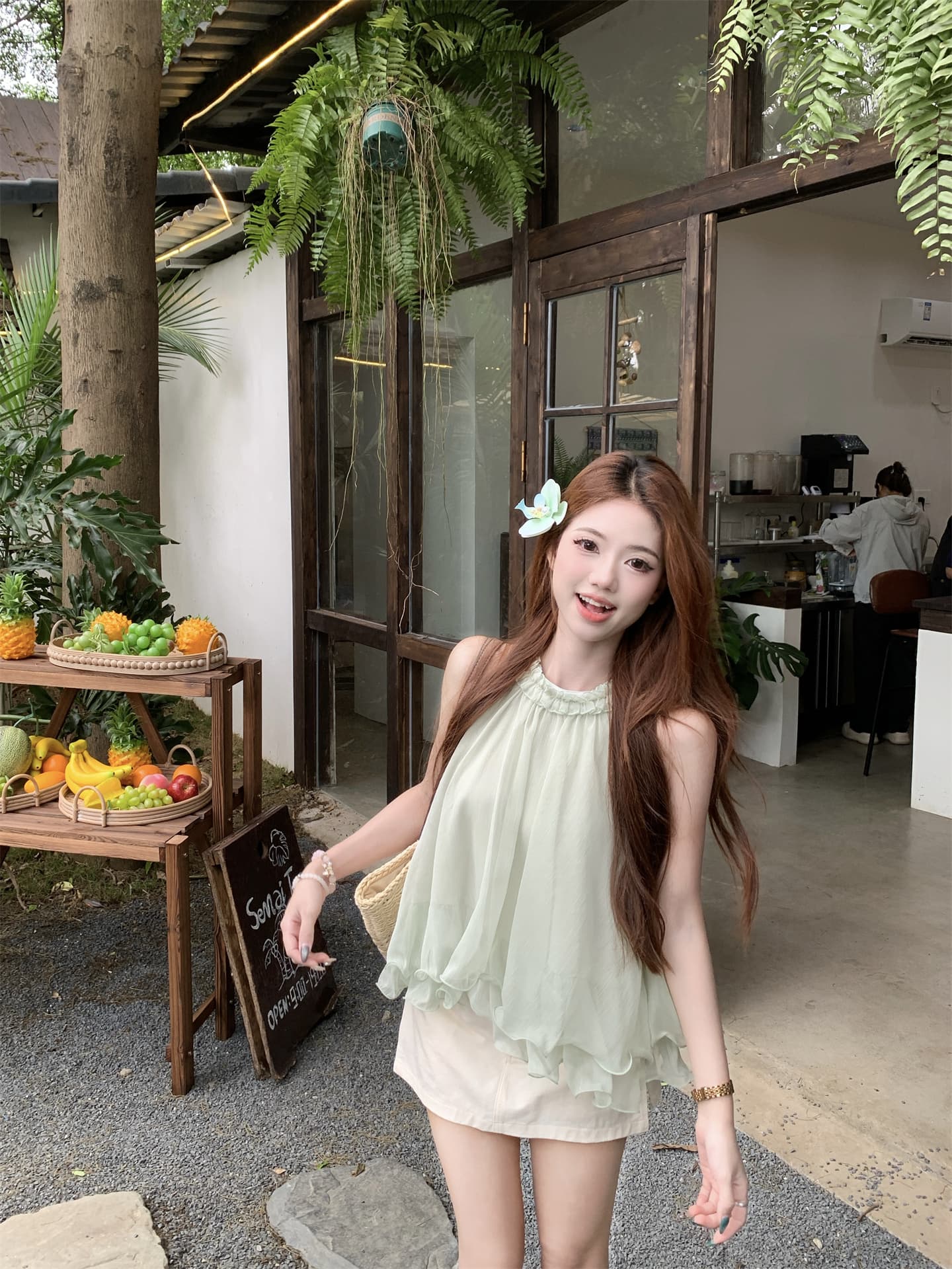 실사 달콤한 자매 3 차원 꽃 행침 목 조끼 여성 부드러운 바람 디자인 센스 슬림해 보이는 다용도 퍼프 민소매 맨위 상세 이미지 5