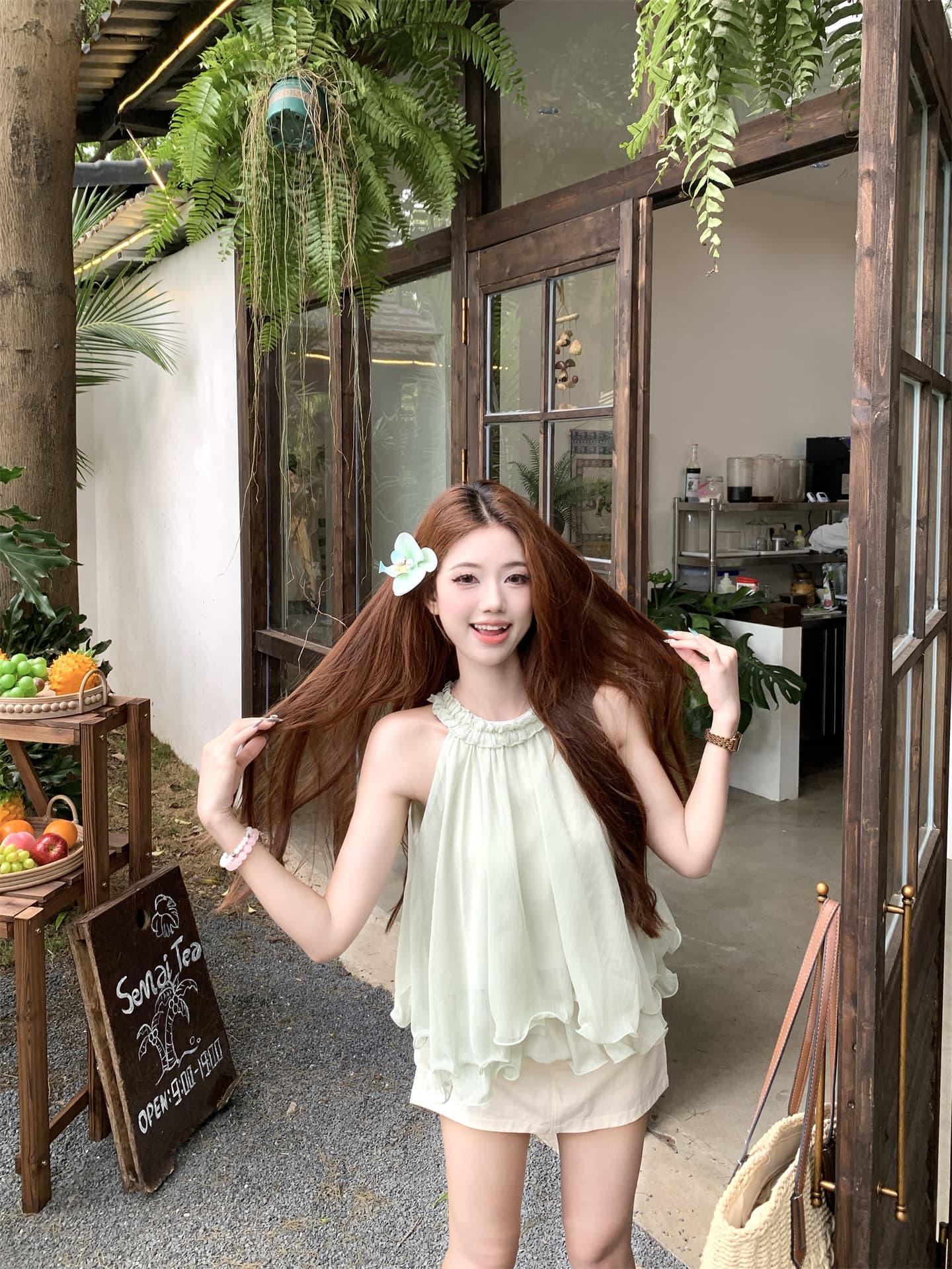 실사 달콤한 자매 3 차원 꽃 행침 목 조끼 여성 부드러운 바람 디자인 센스 슬림해 보이는 다용도 퍼프 민소매 맨위 상세 이미지 11