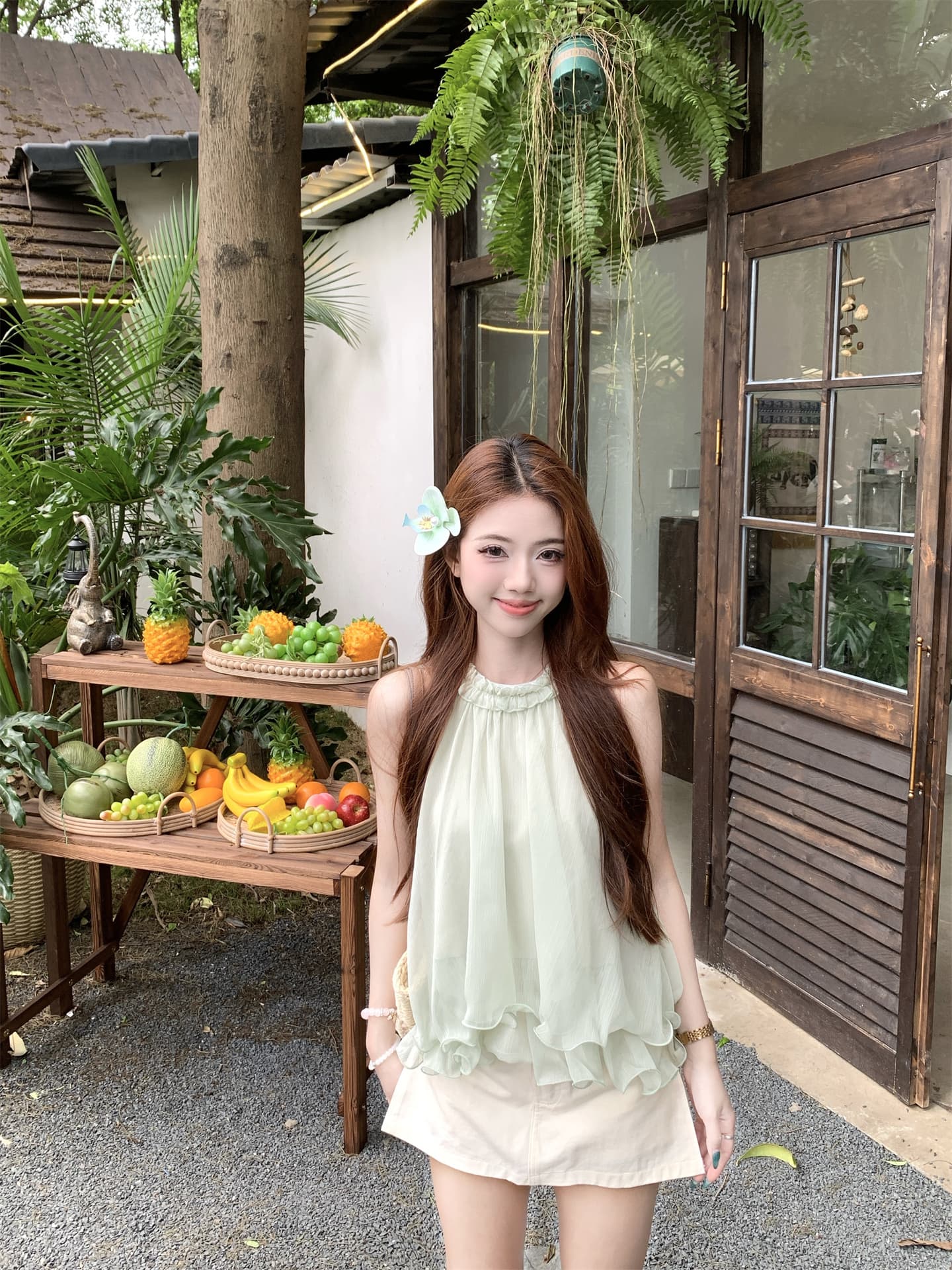 실사 달콤한 자매 3 차원 꽃 행침 목 조끼 여성 부드러운 바람 디자인 센스 슬림해 보이는 다용도 퍼프 민소매 맨위 상세 이미지 12
