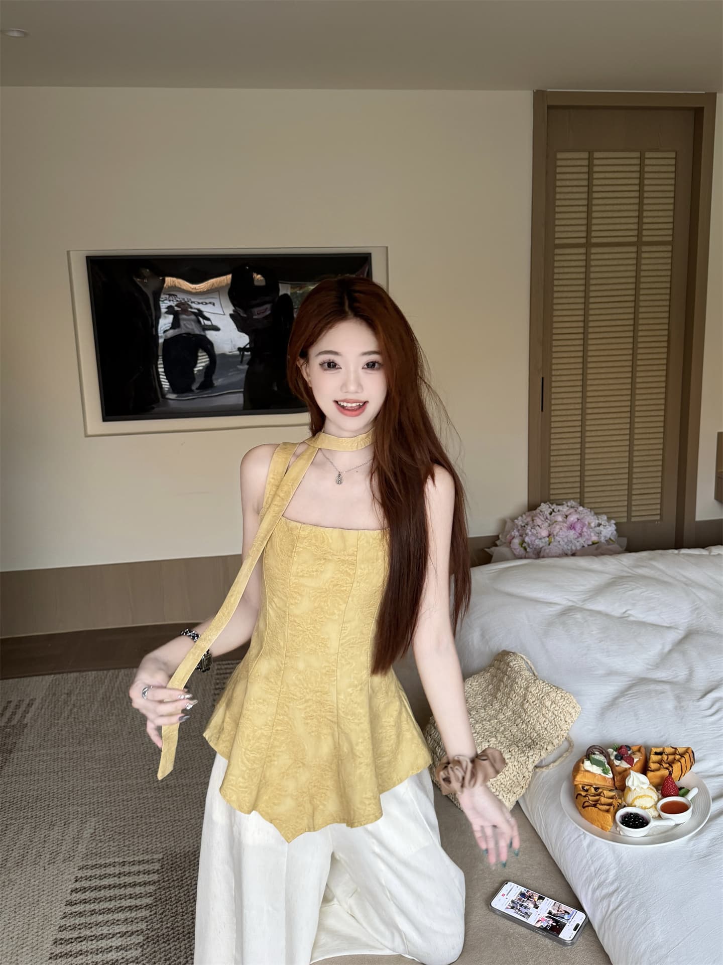 실사 리본 행침 목 캐미솔 고급 센스 품격 여름 외출용 고유 한 아름다운 민소매 맨위 상세 이미지 23