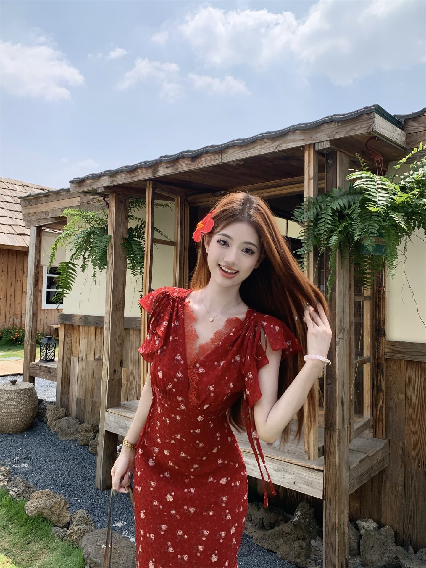 실사 한 부서 순수한 욕망 바람 꽃무늬 드레스 여름 V넥 허리 수축 슬림해 보이는 품격 부드러운 바람 롱 코트 인어 꼬리 스커트 이미지 4