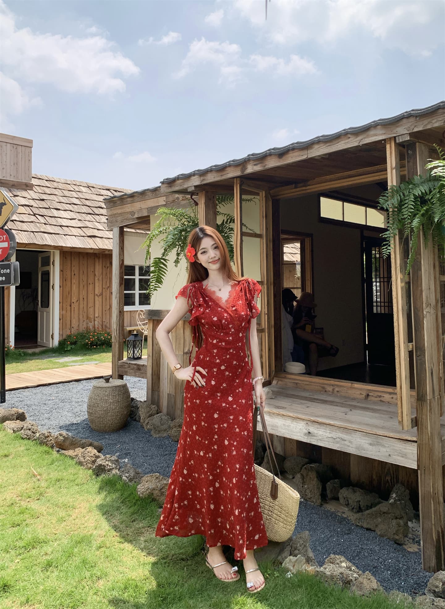 실사 한 부서 순수한 욕망 바람 꽃무늬 드레스 여름 V넥 허리 수축 슬림해 보이는 품격 부드러운 바람 롱 코트 인어 꼬리 스커트 상세 이미지 4
