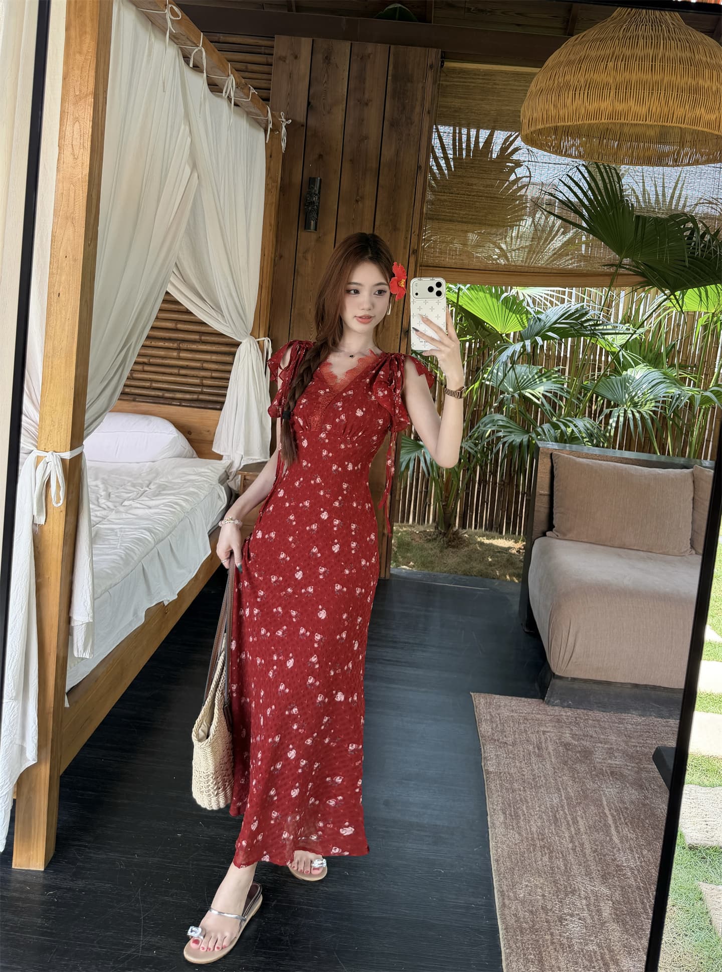 실사 한 부서 순수한 욕망 바람 꽃무늬 드레스 여름 V넥 허리 수축 슬림해 보이는 품격 부드러운 바람 롱 코트 인어 꼬리 스커트 상세 이미지 11