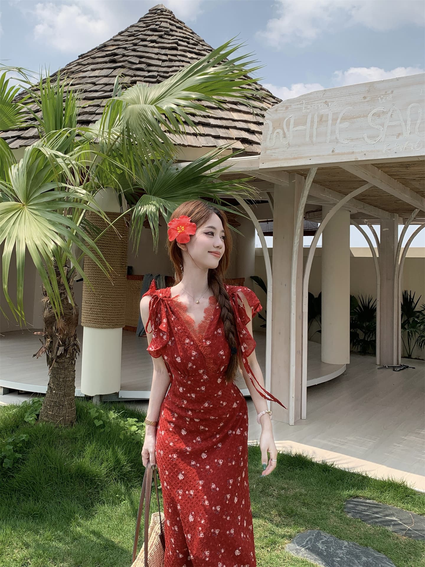 실사 한 부서 순수한 욕망 바람 꽃무늬 드레스 여름 V넥 허리 수축 슬림해 보이는 품격 부드러운 바람 롱 코트 인어 꼬리 스커트 상세 이미지 13