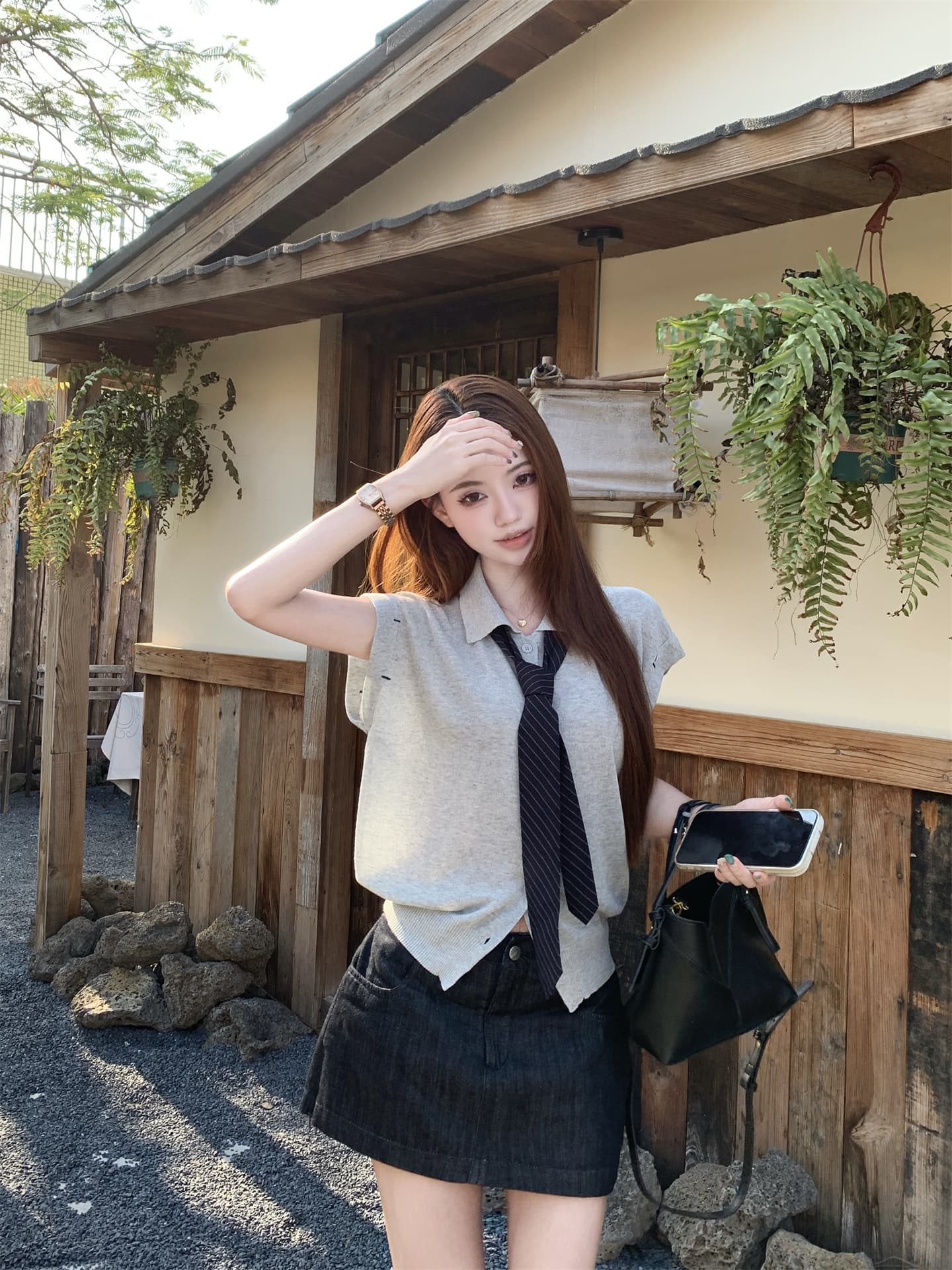 실사 한국 스타일 니트 어깨 반팔 POLO 칼라 스웨터 경기 스트라이프 넥타이 디자인 센스 한 마디 데님 미니 스커트