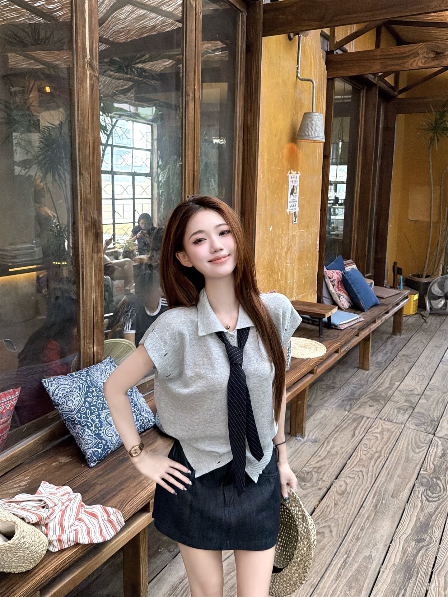 실사 한국 스타일 니트 어깨 반팔 POLO 칼라 스웨터 경기 스트라이프 넥타이 디자인 센스 한 마디 데님 미니 스커트 상세 이미지 14