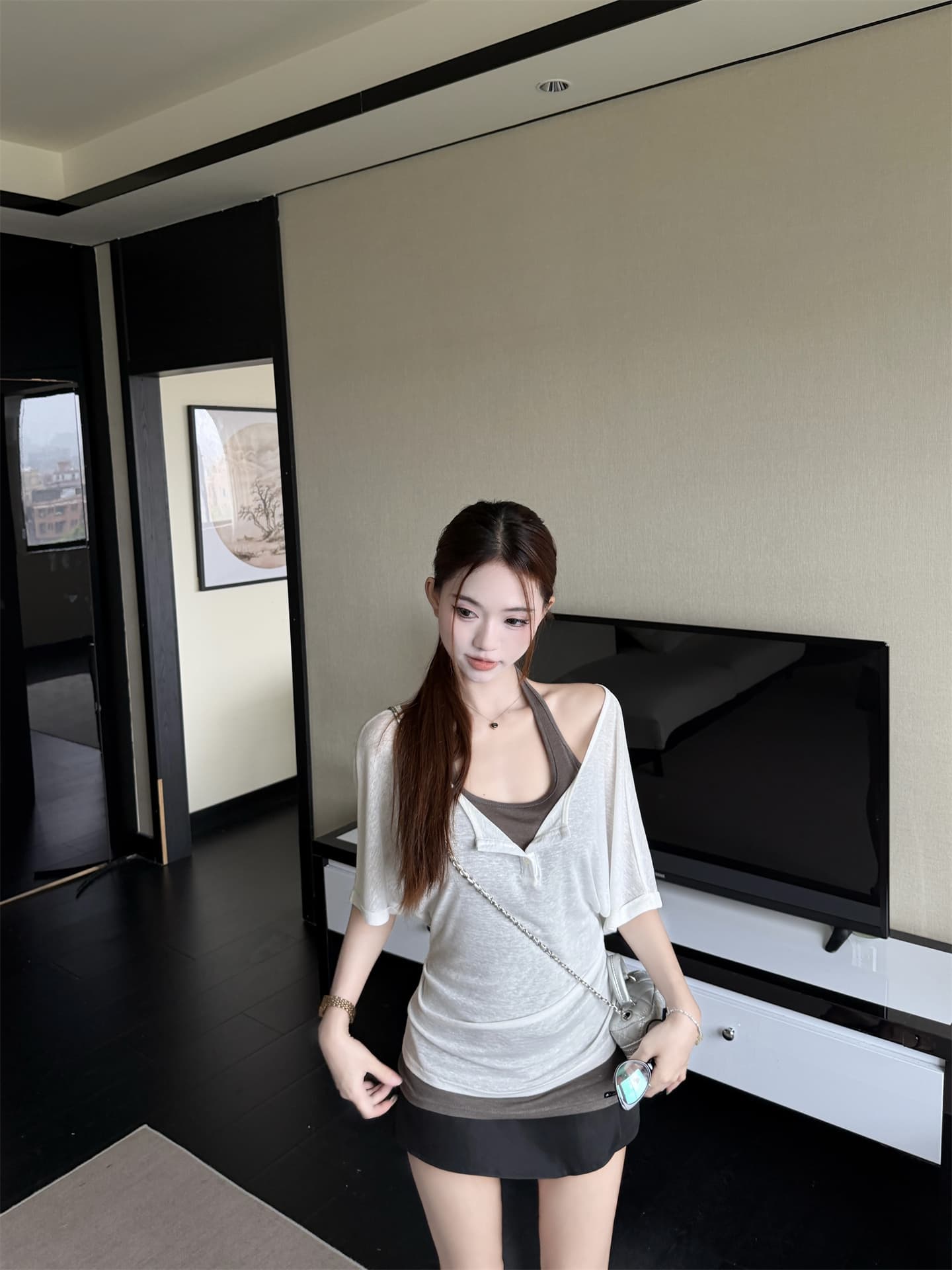 실사 한 부서 느긋한 바람 행침 목 투피스 조끼 미니멀리즘 바람 V넥 허리 수축 반팔 티셔츠 세트 상세 이미지 3