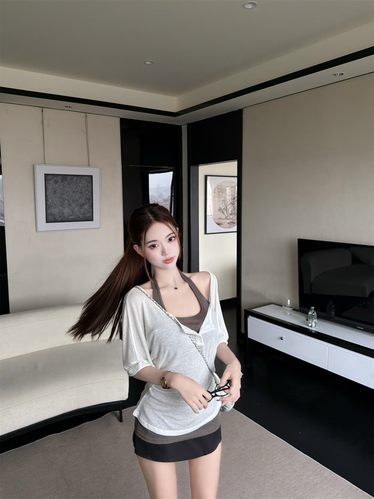 실사 한 부서 느긋한 바람 행침 목 투피스 조끼 미니멀리즘 바람 V넥 허리 수축 반팔 티셔츠 세트 상세 이미지 4