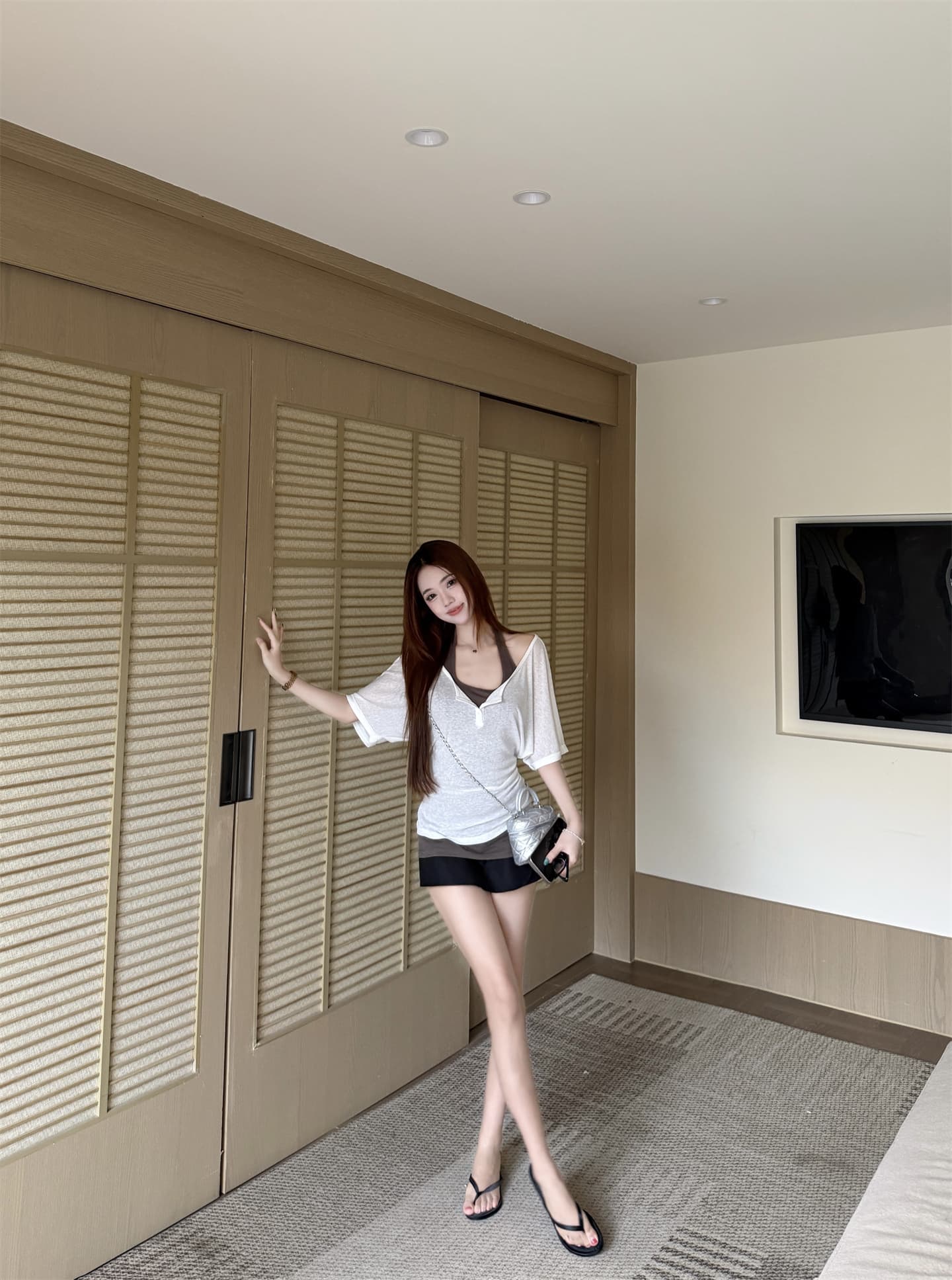 실사 한 부서 느긋한 바람 행침 목 투피스 조끼 미니멀리즘 바람 V넥 허리 수축 반팔 티셔츠 세트 상세 이미지 14