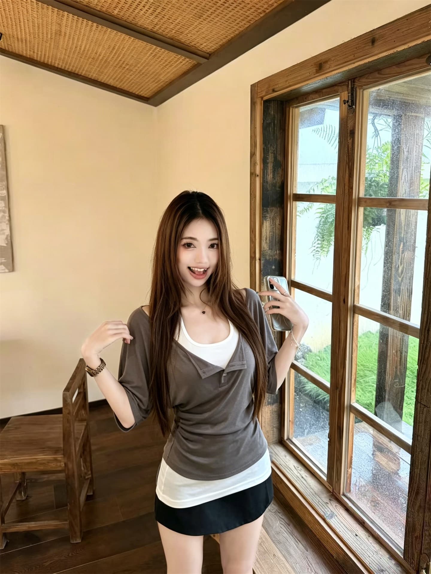 실사 한 부서 느긋한 바람 행침 목 투피스 조끼 미니멀리즘 바람 V넥 허리 수축 반팔 티셔츠 세트 상세 이미지 25