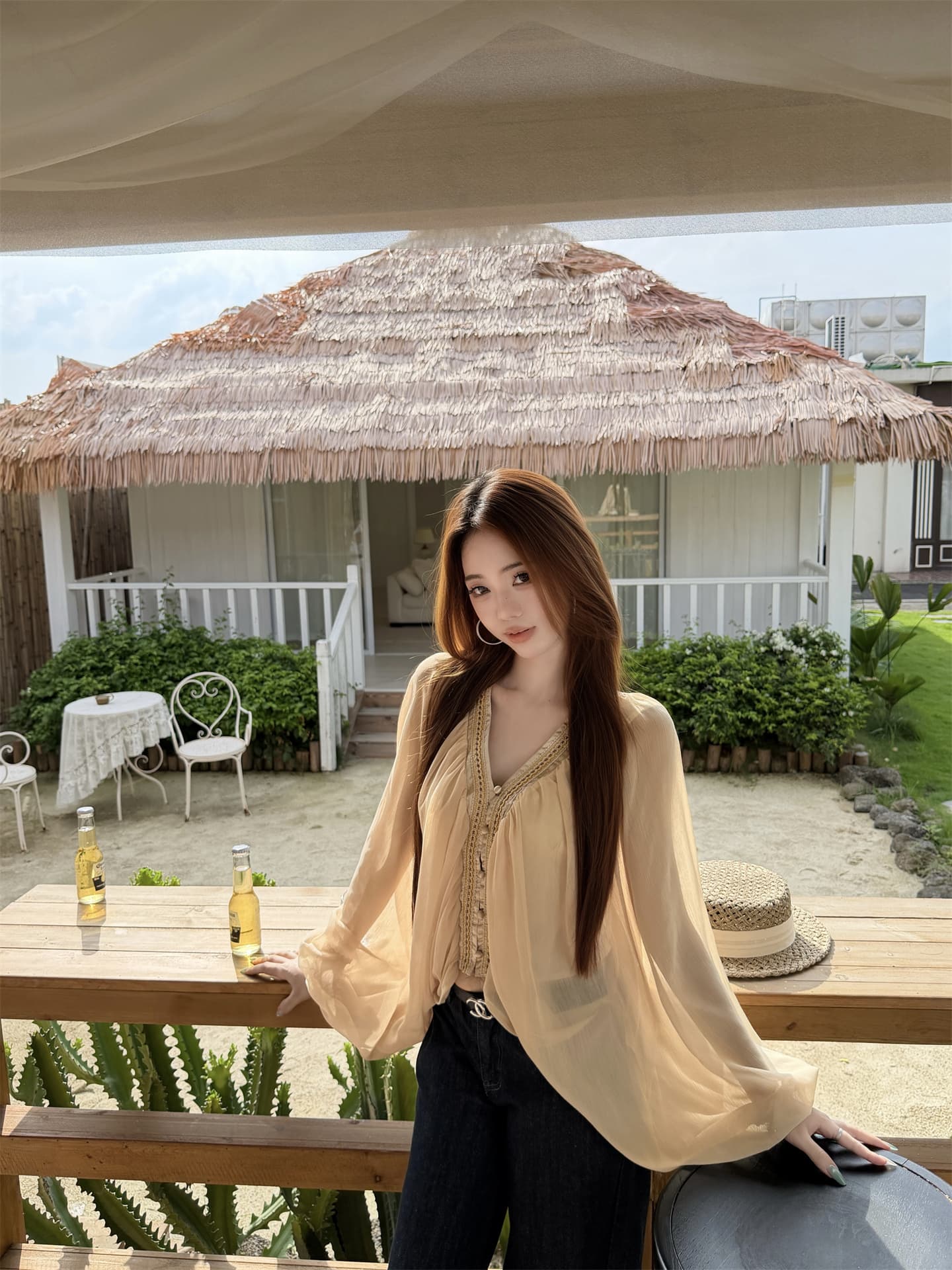 실사 프랑스식 고급 센스 절묘한 V넥 긴팔 쉬폰 얇은 스타일 셔츠 맨위 상세 이미지 8