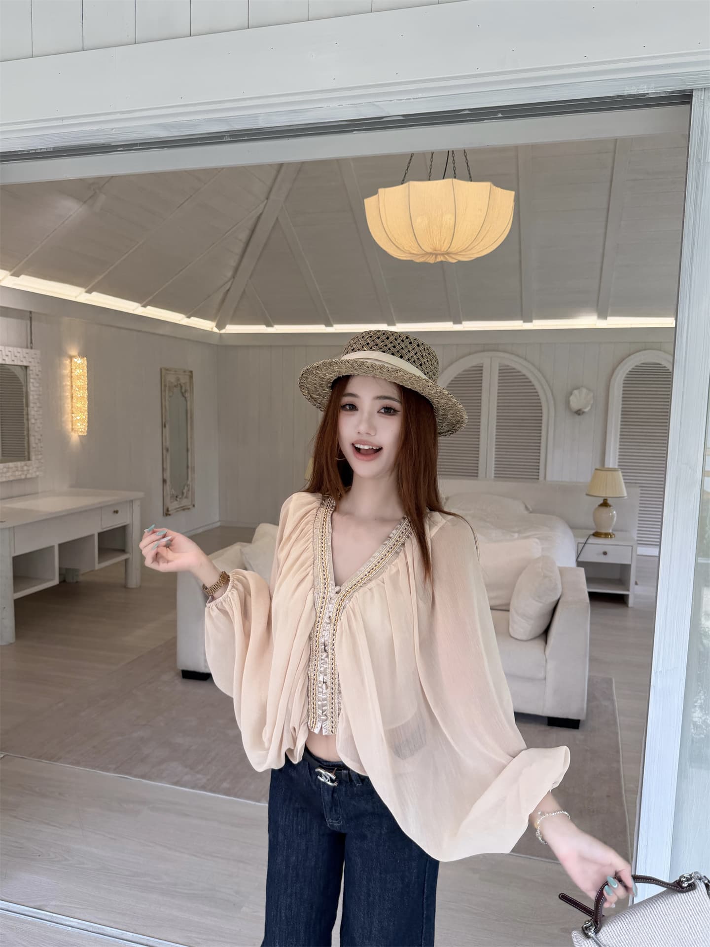 실사 프랑스식 고급 센스 절묘한 V넥 긴팔 쉬폰 얇은 스타일 셔츠 맨위 상세 이미지 13