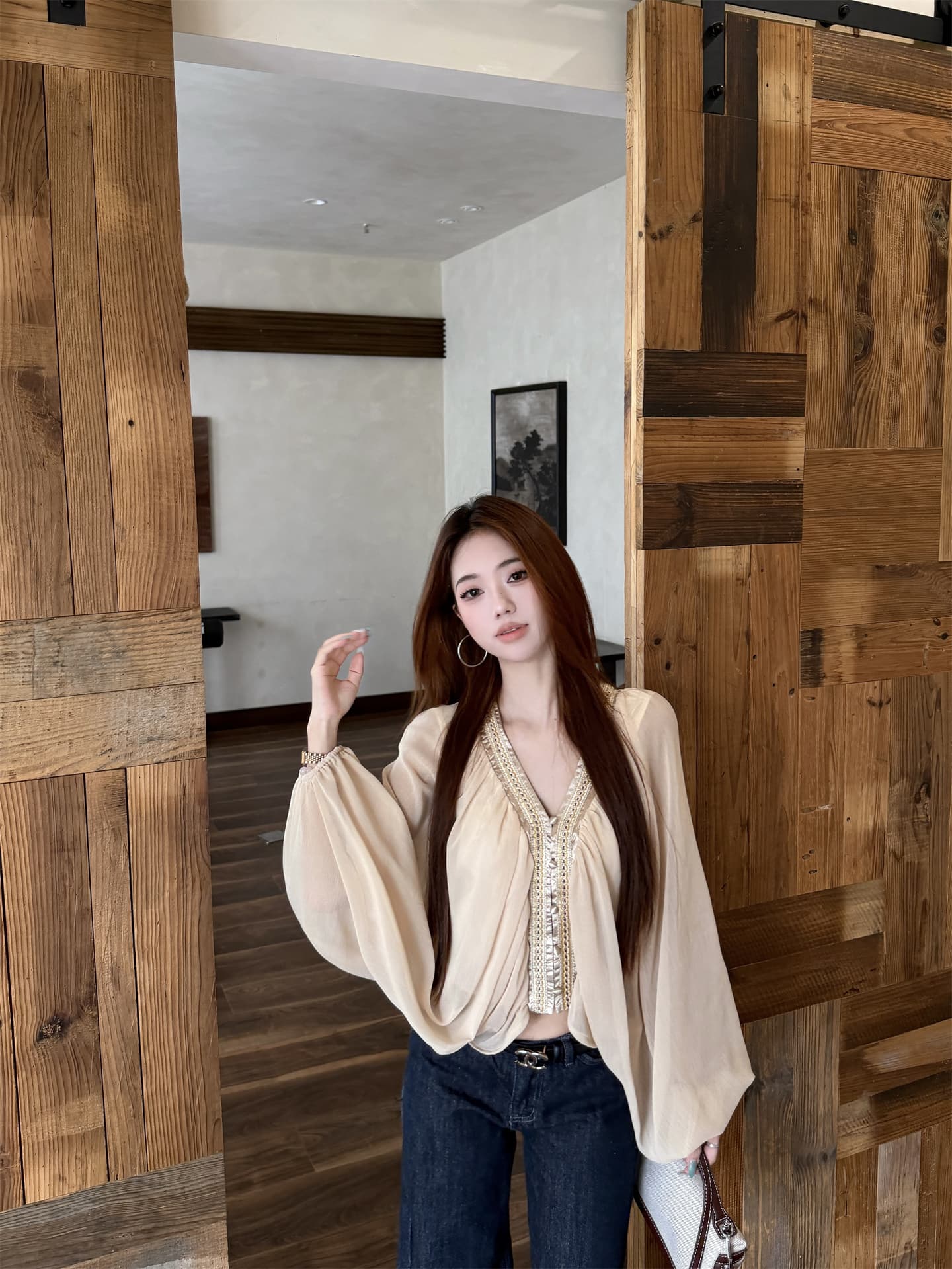 실사 프랑스식 고급 센스 절묘한 V넥 긴팔 쉬폰 얇은 스타일 셔츠 맨위 상세 이미지 14