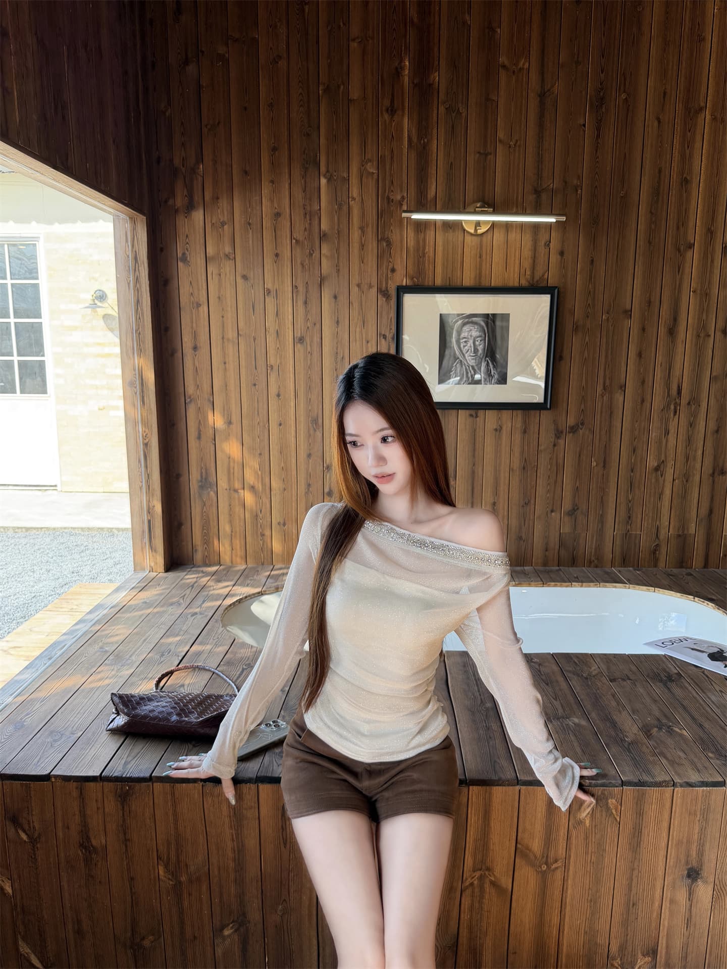 실사 가을 한 부서 순수한 욕망 부드러운 페이크 레이어드 좋은 플래시 비스듬한 어깨 핫픽스 작은 셔츠 오프숄더 몸매 가꾸기 맨위 이미지 3