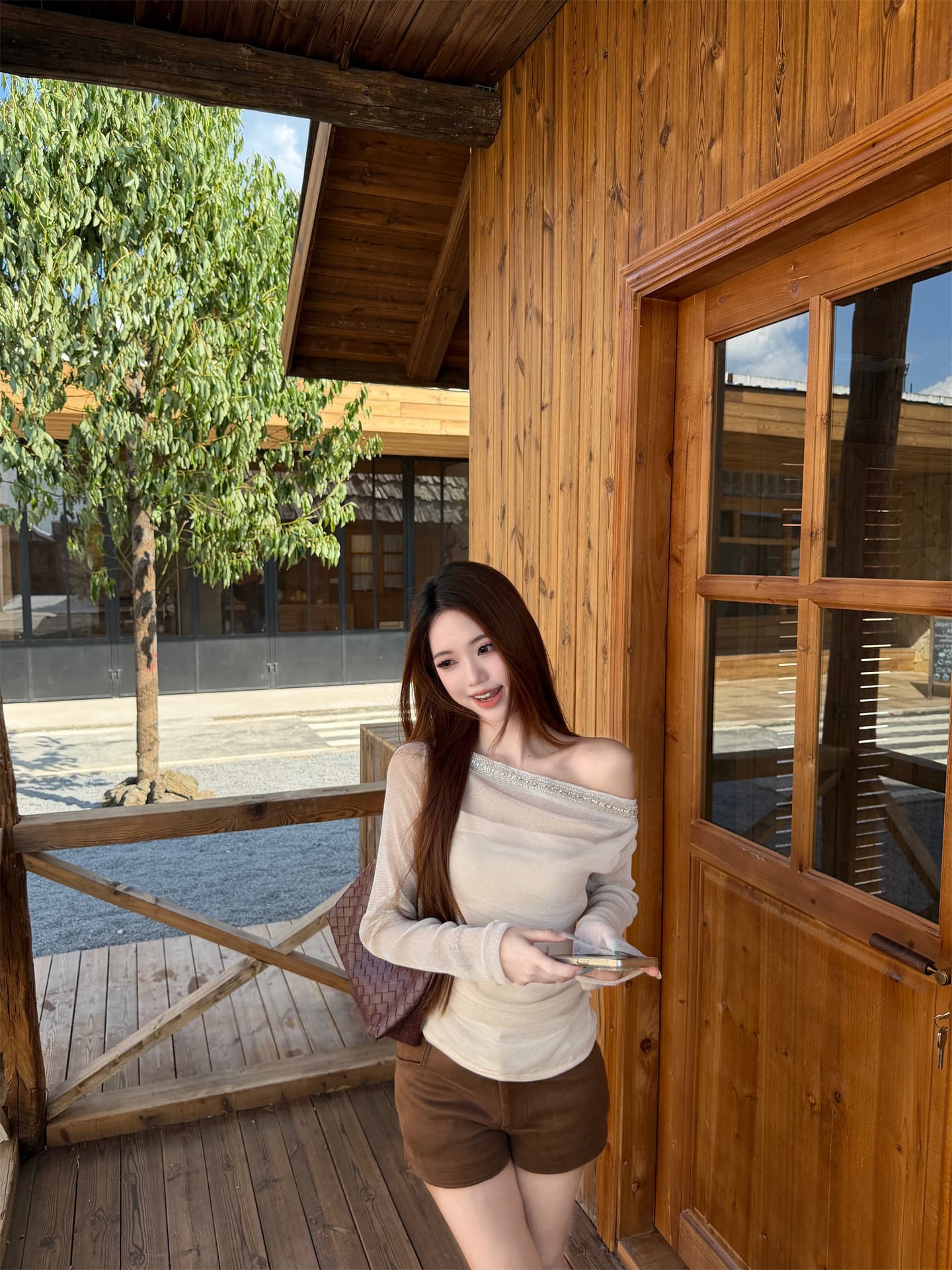 실사 가을 한 부서 순수한 욕망 부드러운 페이크 레이어드 좋은 플래시 비스듬한 어깨 핫픽스 작은 셔츠 오프숄더 몸매 가꾸기 맨위 상세 이미지 7