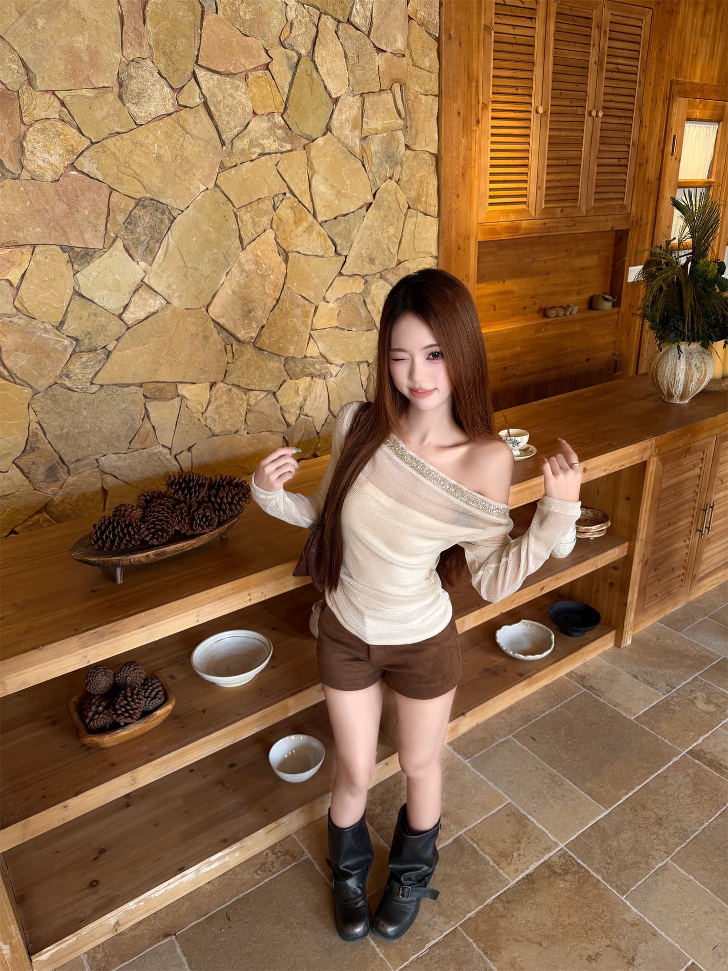 실사 가을 한 부서 순수한 욕망 부드러운 페이크 레이어드 좋은 플래시 비스듬한 어깨 핫픽스 작은 셔츠 오프숄더 몸매 가꾸기 맨위 상세 이미지 17