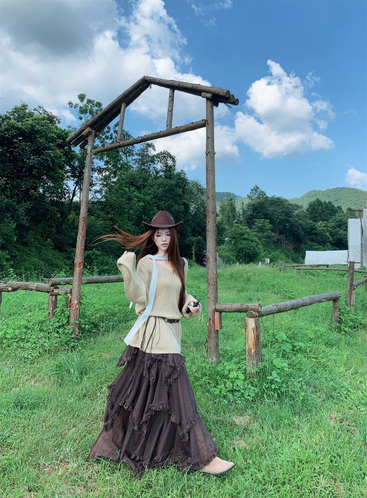 실사 추안 웨스트 초원 서북 대 环线 여행 착용 가져 가라. 느긋한 루즈핏 스웨터 불규칙 프릴 빅 플레어 스커트 상세 이미지 13
