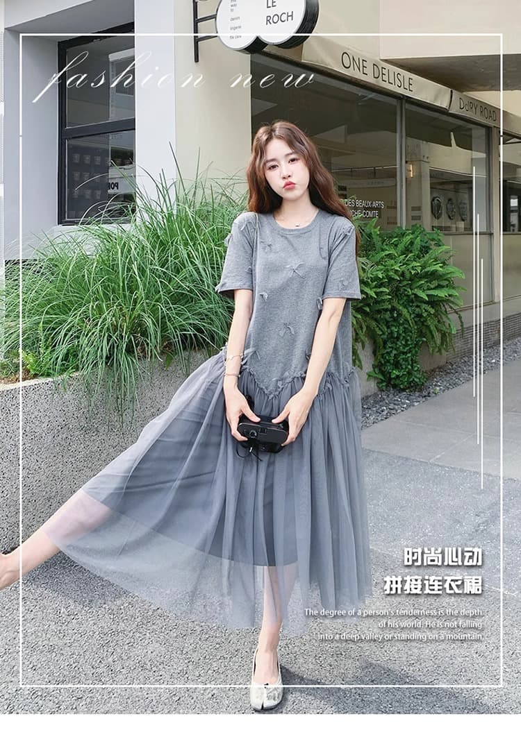 임산부 망사 패치워크 티셔츠 드레스 2026 년 여름 새로운 디자인 센스 한국 스타일 루즈핏 임산부 A라인 스커트 상세 이미지 1