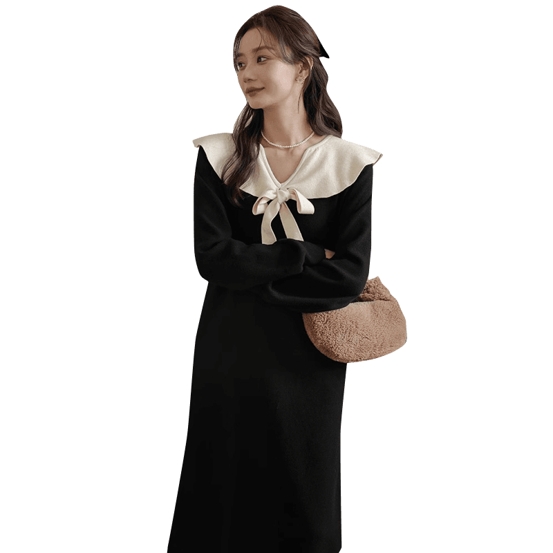 새로운 니트 출산 착용 드레스 가을 겨울 2025 새로운 프릴 해군 칼라 치마 봄과 가을 이미지 5