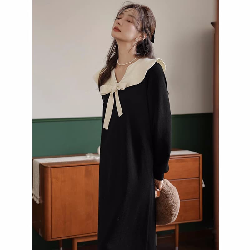 새로운 니트 출산 착용 드레스 가을 겨울 2025 새로운 프릴 해군 칼라 치마 봄과 가을 상세 이미지 6