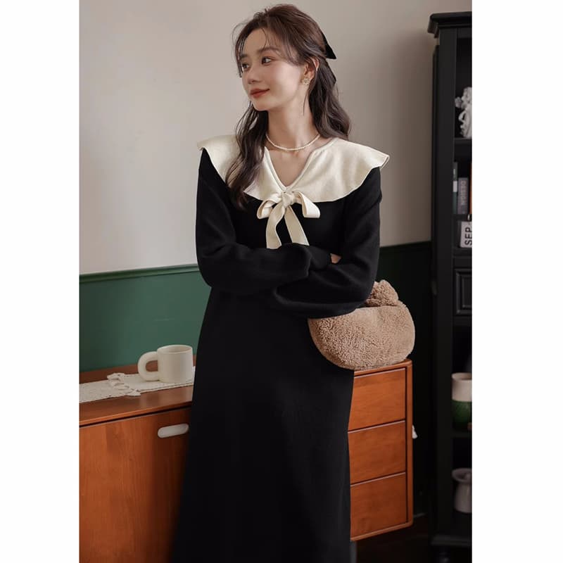 새로운 니트 출산 착용 드레스 가을 겨울 2025 새로운 프릴 해군 칼라 치마 봄과 가을 상세 이미지 12