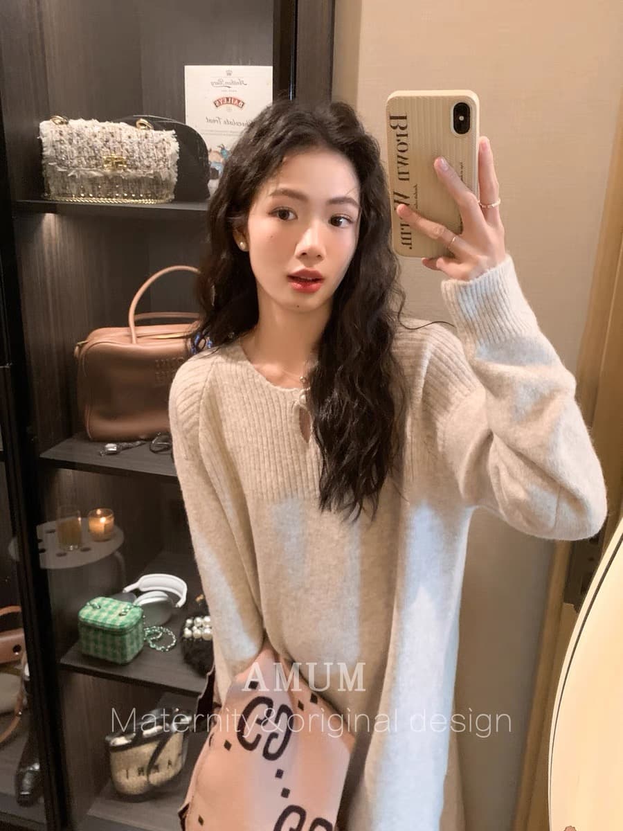 새로운 임산부 드레스 매춘부 분위기 진주 단추 한 알 부드러운 찹쌀 니트 가을 겨울 스웨터 원피스 이미지 3