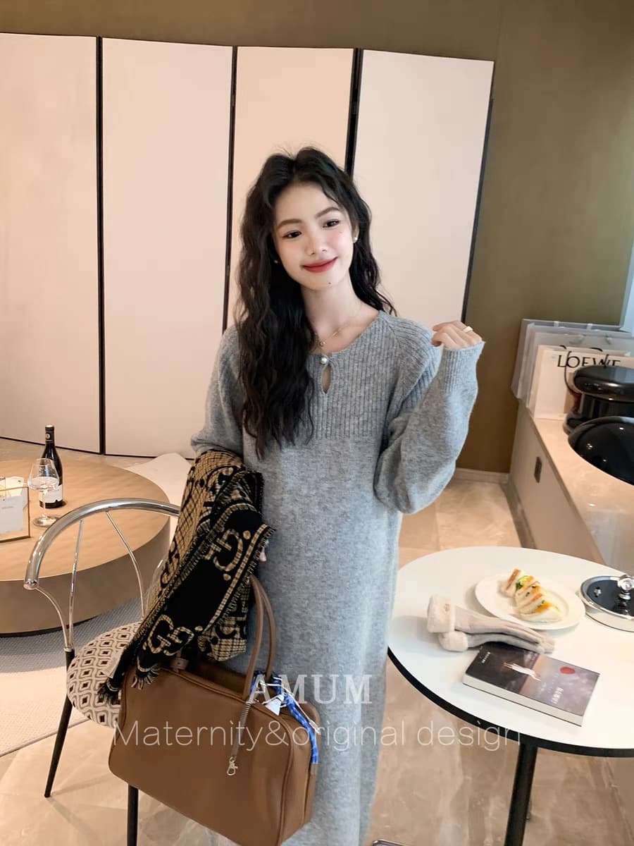 새로운 임산부 드레스 매춘부 분위기 진주 단추 한 알 부드러운 찹쌀 니트 가을 겨울 스웨터 원피스 이미지 4