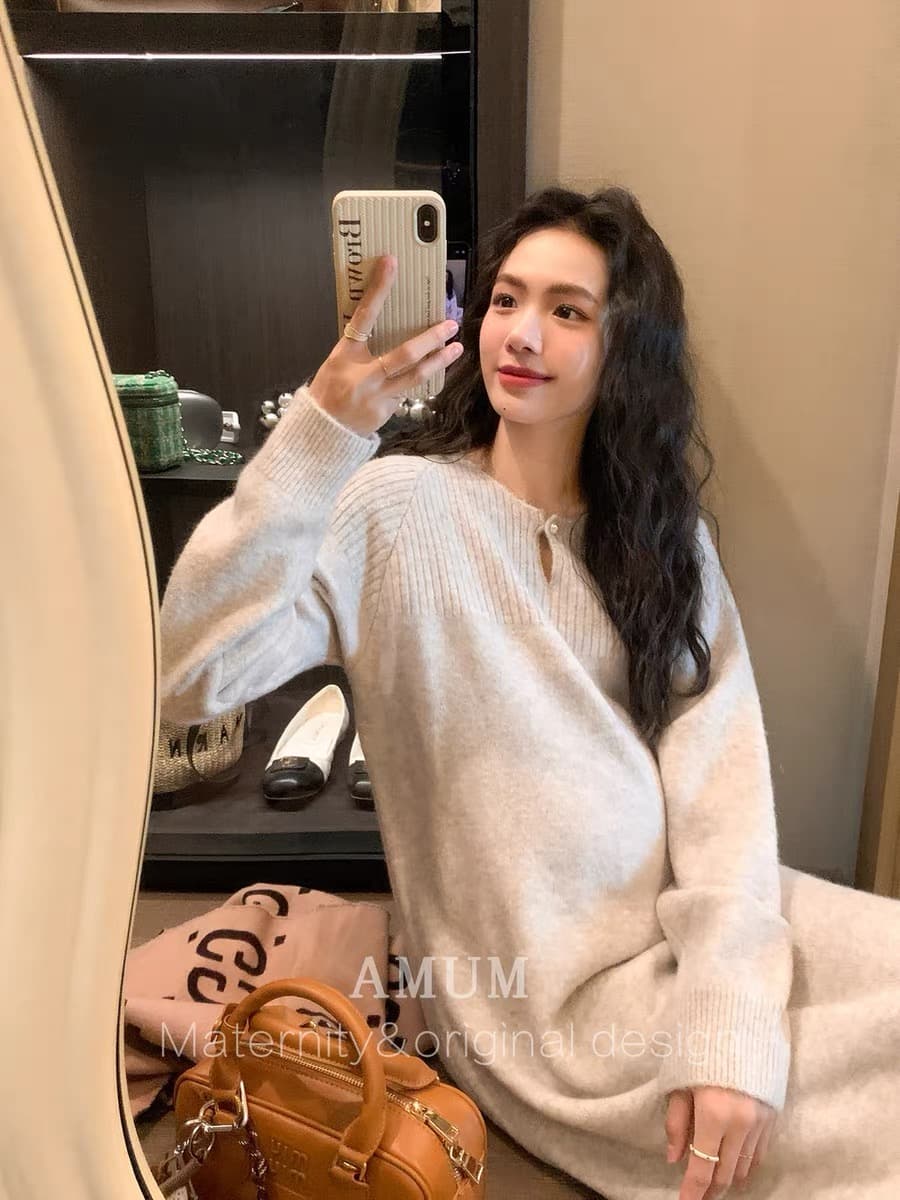 새로운 임산부 드레스 매춘부 분위기 진주 단추 한 알 부드러운 찹쌀 니트 가을 겨울 스웨터 원피스 상세 이미지 3