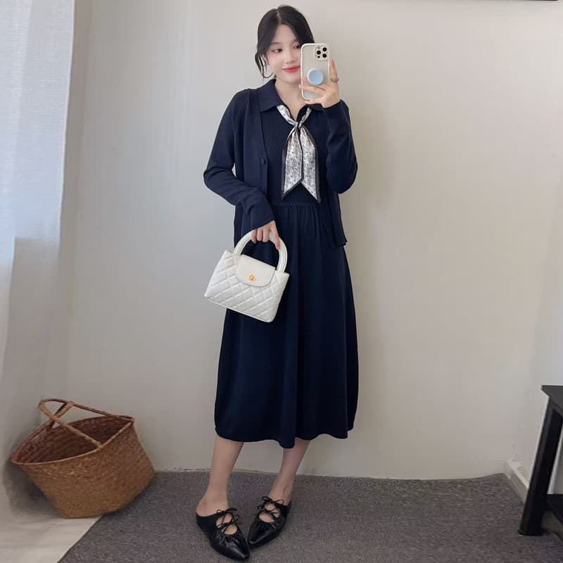 출산 착용 니트 두 조각 치마 가을 겨울 새로운 고급 센스 슬림해 보이는 품격 POLO 칼라 스카프 점프 슈트 치마 세트 상세 이미지 4