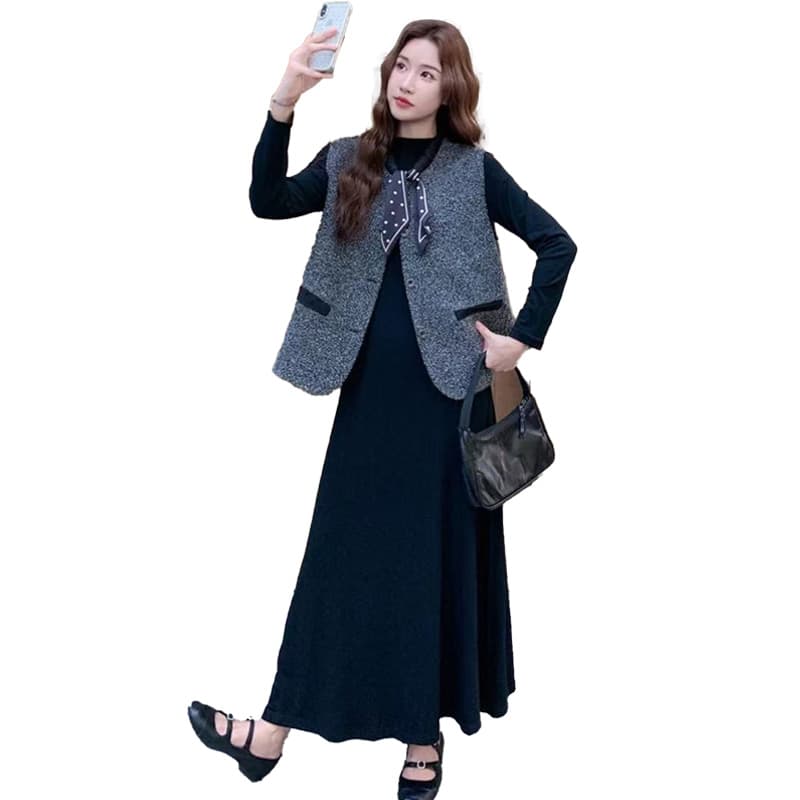 출산 착용 빅 사이즈 여성 의류 프랑스식 드레스 베스트 세트 가을 조끼 라운드 넥 긴팔 니트 원피스 투피스 세트 이미지 5