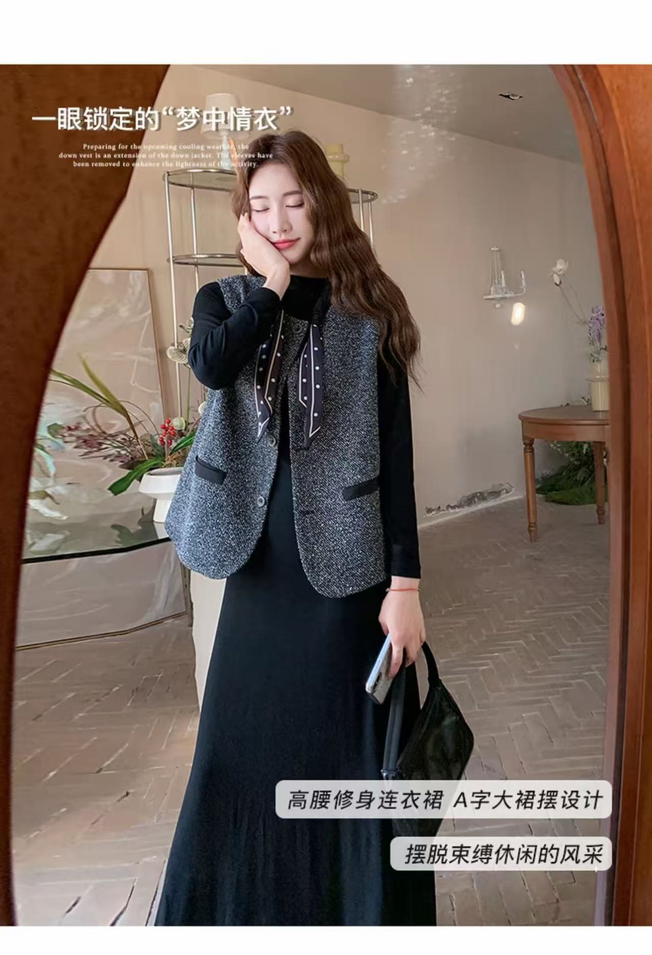 출산 착용 빅 사이즈 여성 의류 프랑스식 드레스 베스트 세트 가을 조끼 라운드 넥 긴팔 니트 원피스 투피스 세트 상세 이미지 3