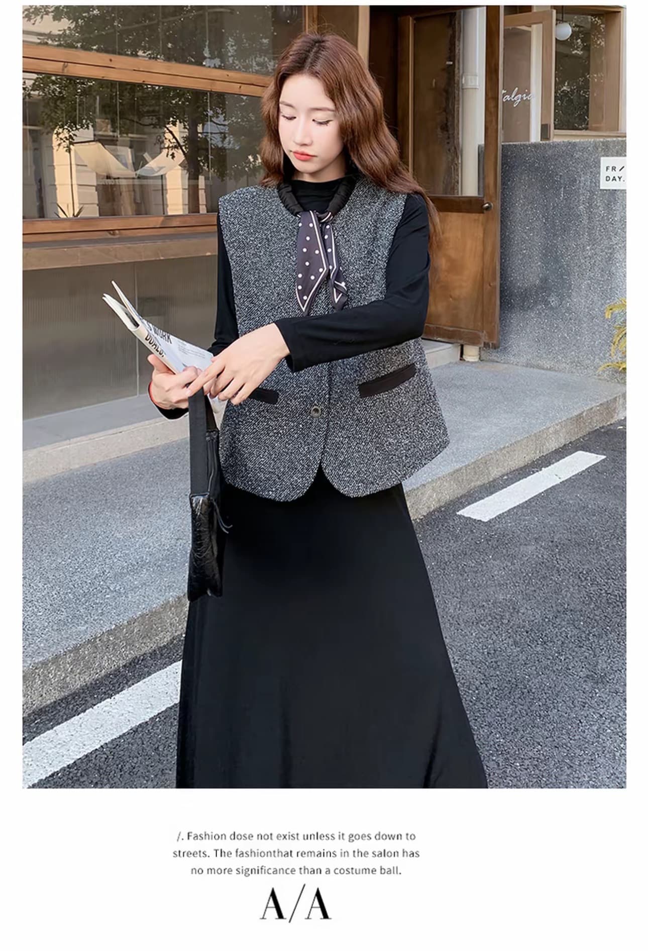 출산 착용 빅 사이즈 여성 의류 프랑스식 드레스 베스트 세트 가을 조끼 라운드 넥 긴팔 니트 원피스 투피스 세트 상세 이미지 7