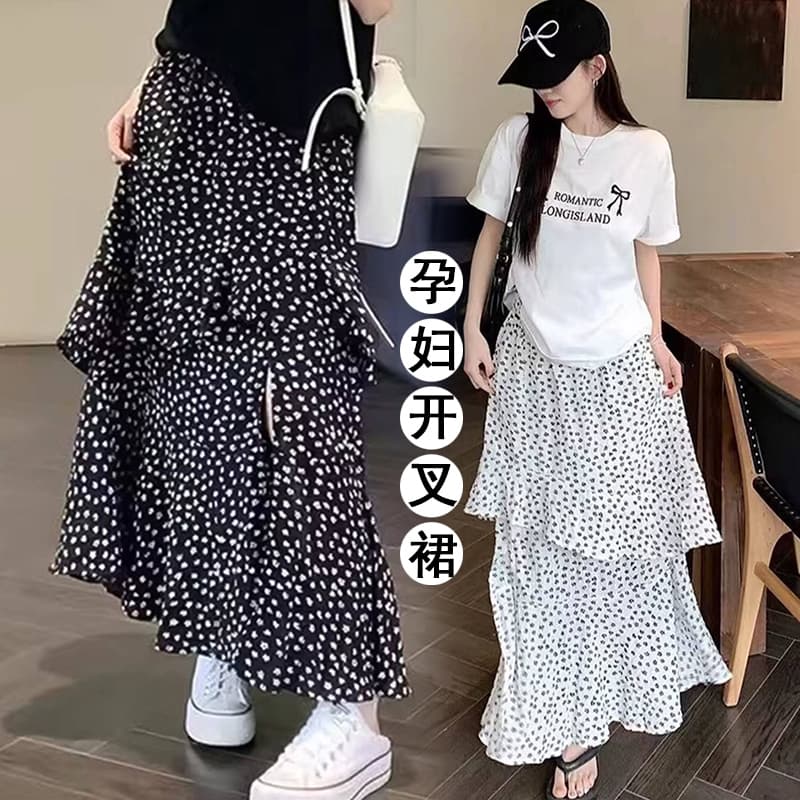지금 한 부서 레트로 작은 꽃무늬 반신 스커트 여성 2026 여름 임산부 새로운 측면 트임 밴딩 하이웨이스트 케이크 드레스