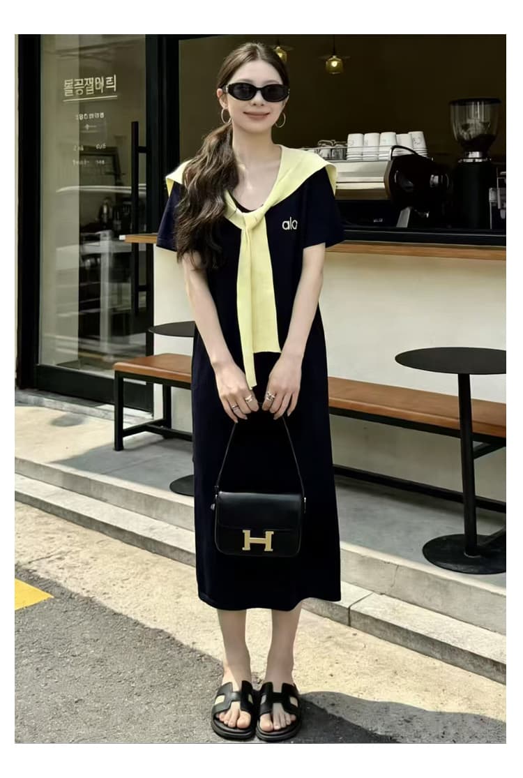 실사 지금 출산 착용 2026 여름 새로운 패션 루즈핏 니트 원피스 패치워크 배색 숄 드레스 트렌디 상세 이미지 16