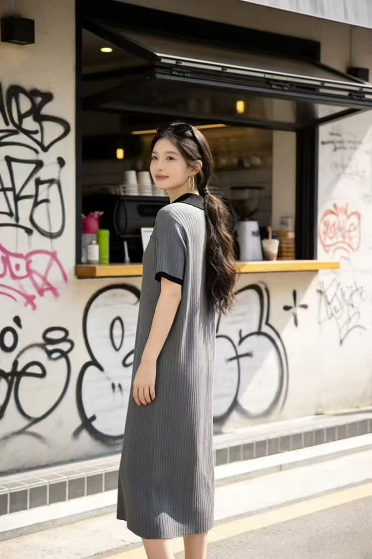 실사 지금 임산부 캐주얼 패션 반팔 중간 길이 여성 드레스 2026 여름 새로운 POLO 칼라 루즈핏 상세 이미지 10