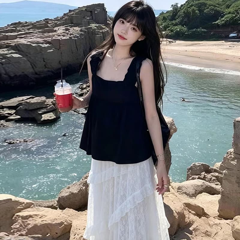 2026 여름 새로운 민소매 맨위 패치워크 화이트 레이스 계층의 감각 없음 복부 지지 임산부 반신 치마 세트 이미지 4