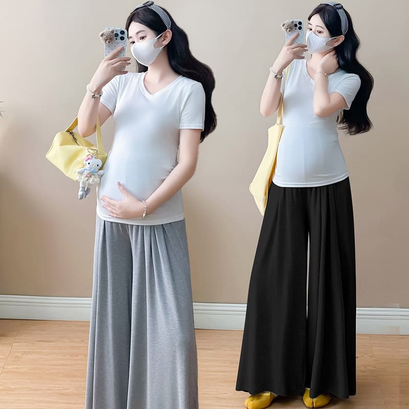 실사 임산부 레깅스 착용 치마 야마모토 바지 모달 와이드 레그 팬츠 반팔 맨위 외국 가스 다용도 t 세트 이미지 4