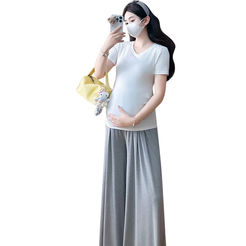 실사 임산부 레깅스 착용 치마 야마모토 바지 모달 와이드 레그 팬츠 반팔 맨위 외국 가스 다용도 t 세트 이미지 5