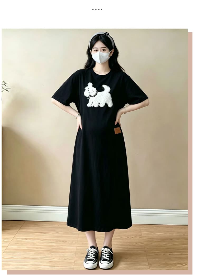 임산부 만화 자수 반팔 니트 원피스 2026 여름 빅 사이즈 임산부 루즈핏 느긋한 바람 캐주얼 여성 드레스 상세 이미지 3